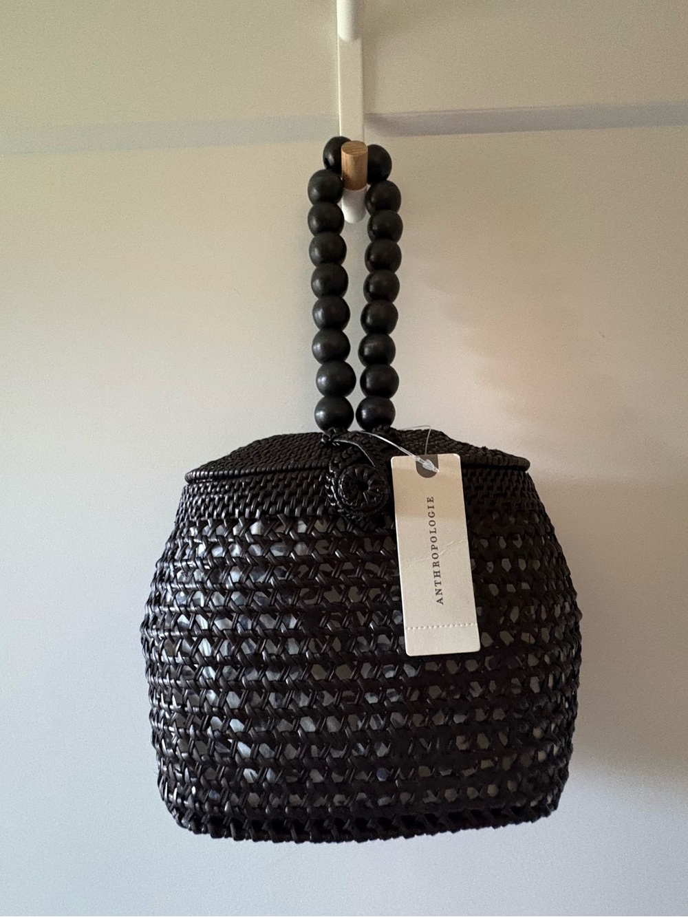 NWT Anthro Black 100% Rattan Woven Bead-Handle Tote - Picture 2 of 13